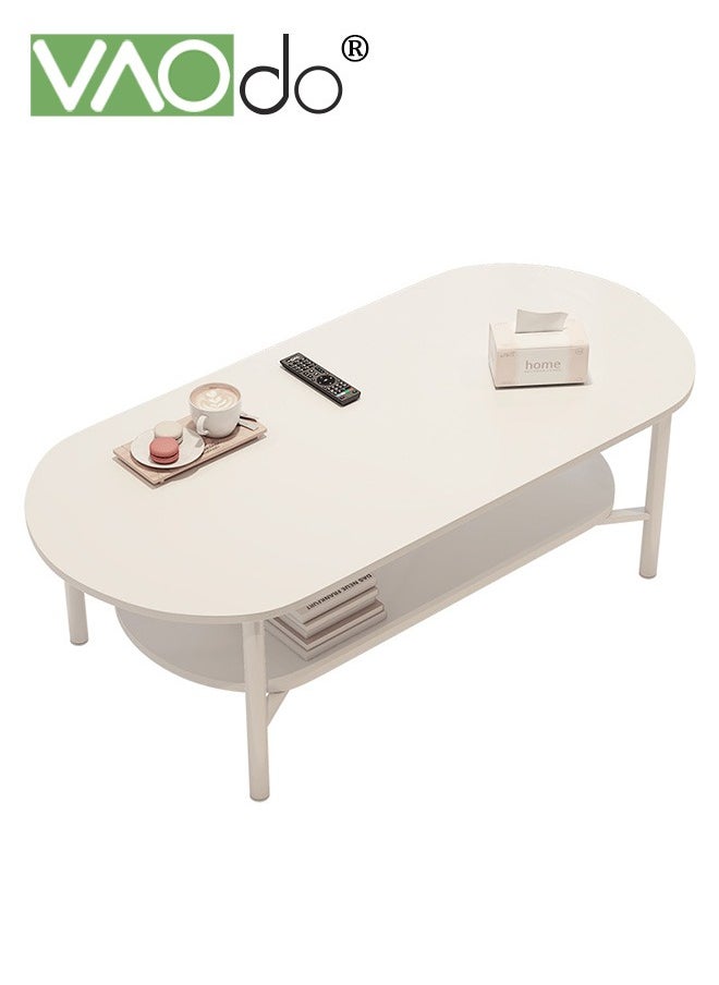 VAOdo - 2 Tier Coffee Table Oval Wood Table with Open Shelving for Storage and Display Sofa Table Living Room Large Capacity Storage Tables Central Table White - Image 1