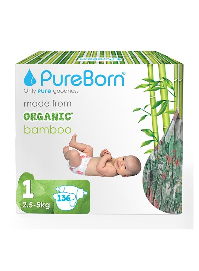 PureBorn حفاضات عضوية من الخيزران حجم 1 حتى 5 كجم 136 قطعة - Image 1