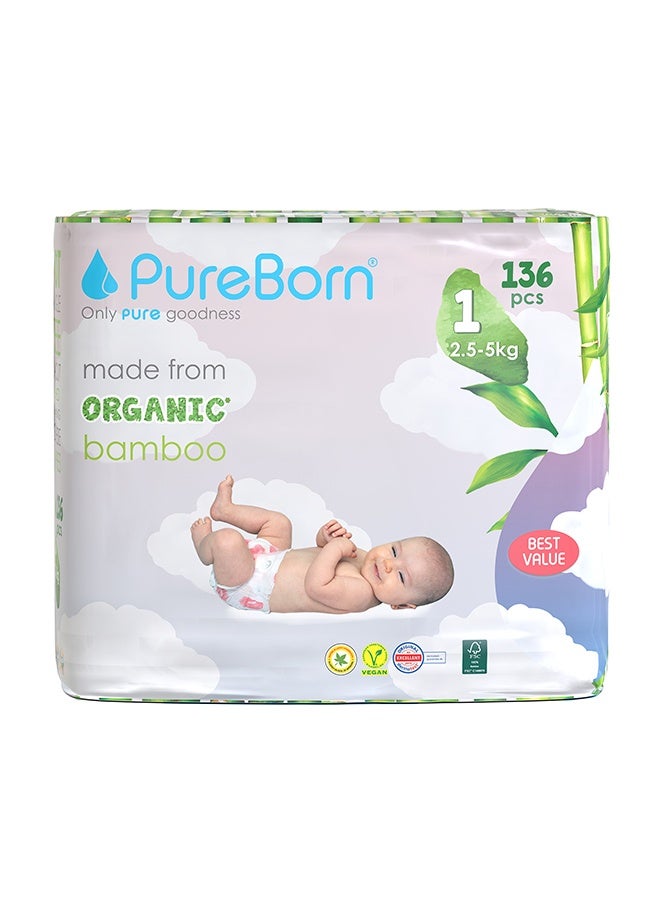 PureBorn حفاضات عضوية من الخيزران حجم 1 حتى 5 كجم 136 قطعة - Image 2