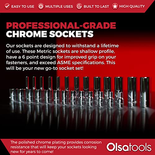 Olsa Tools Metric Shallow Socket Set - 1/4-Inch Drive, 14pc - 6-Point Chrome Sockets from 4mm–15mm and No Skipped Sizes - Mechanic Shallow Metric Socket Set - Professional Grade Sockets - Part: 1328 - Image 5