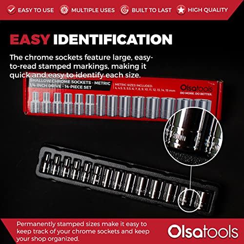 Olsa Tools Metric Shallow Socket Set - 1/4-Inch Drive, 14pc - 6-Point Chrome Sockets from 4mm–15mm and No Skipped Sizes - Mechanic Shallow Metric Socket Set - Professional Grade Sockets - Part: 1328 - Image 3