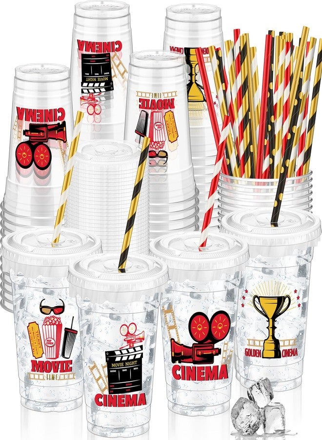 FoldTier 50 Pcs Movie Night Cups 12 oz Disposable Plastic Cups with Straws and Lids Cinema Clear mug Birthday mugs Supplies Birthday Table Decorations Party Favor - Image 1