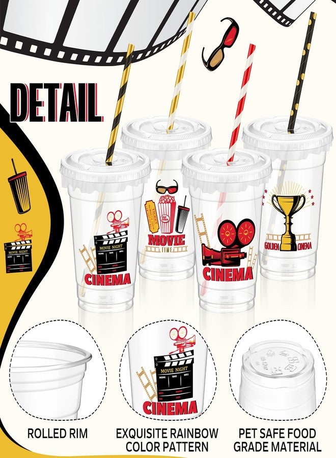 FoldTier 50 Pcs Movie Night Cups 12 oz Disposable Plastic Cups with Straws and Lids Cinema Clear mug Birthday mugs Supplies Birthday Table Decorations Party Favor - Image 2