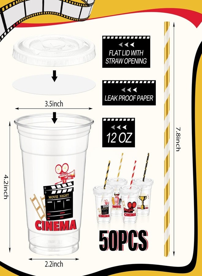 FoldTier 50 Pcs Movie Night Cups 12 oz Disposable Plastic Cups with Straws and Lids Cinema Clear mug Birthday mugs Supplies Birthday Table Decorations Party Favor - Image 3