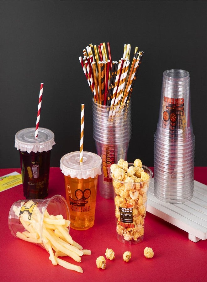 FoldTier 50 Pcs Movie Night Cups 12 oz Disposable Plastic Cups with Straws and Lids Cinema Clear mug Birthday mugs Supplies Birthday Table Decorations Party Favor - Image 4