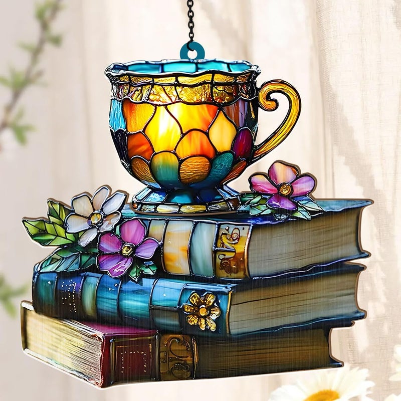 Jesuspirit - Window Hanging Suncatcher – Crystal Clear Acrylic & Wood Sun Catcher for Home Decor, for Women (Floral Book and Tea, 8 Inches) - Image 4