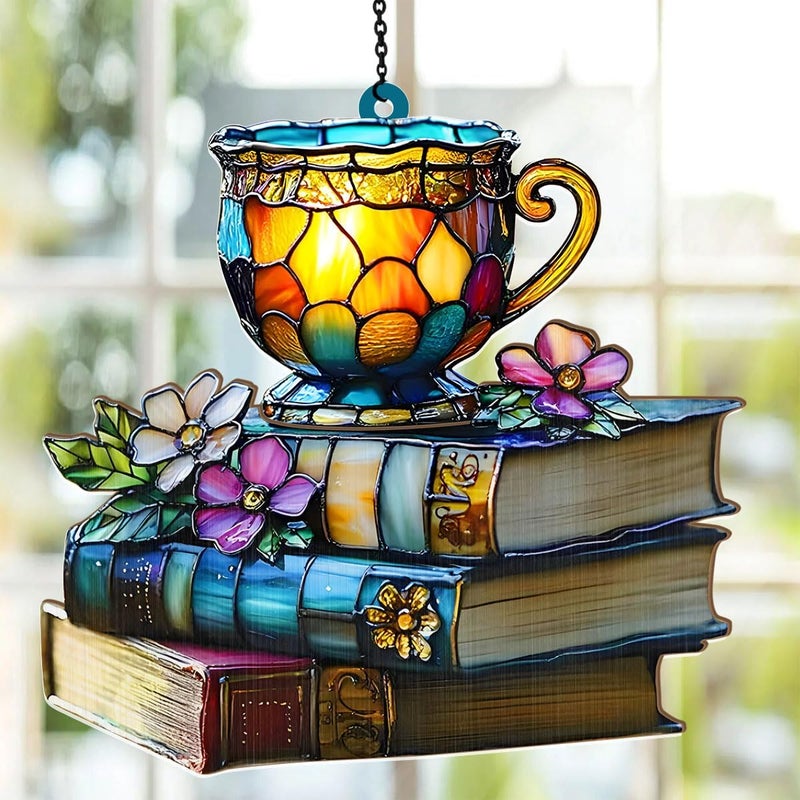 Jesuspirit - Window Hanging Suncatcher – Crystal Clear Acrylic & Wood Sun Catcher for Home Decor, for Women (Floral Book and Tea, 8 Inches) - Image 3