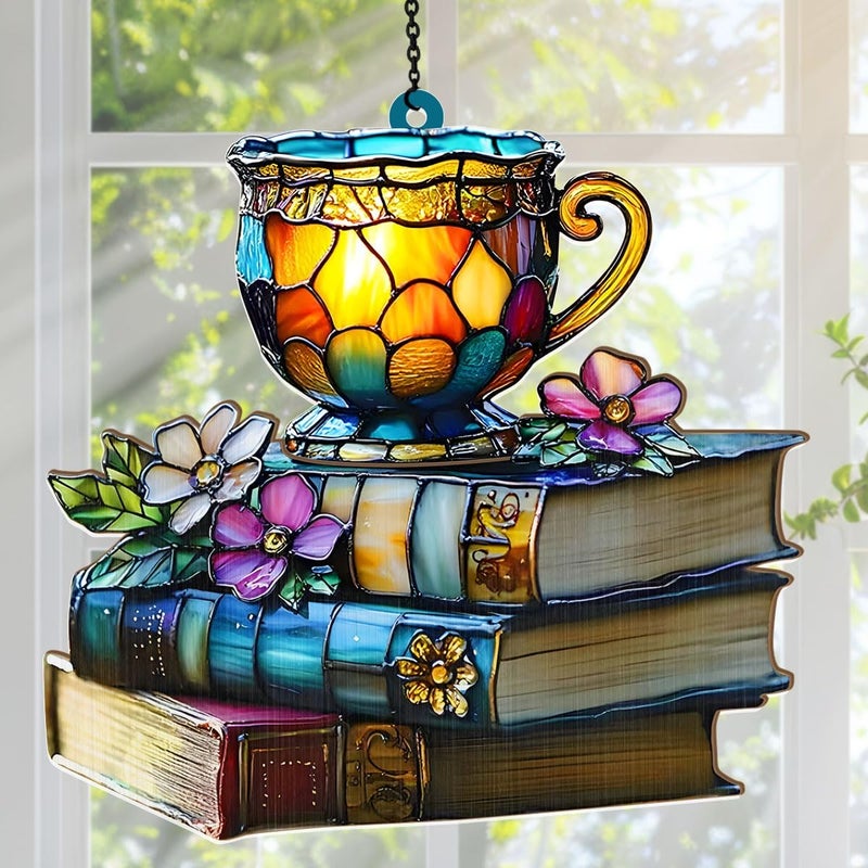 Jesuspirit - Window Hanging Suncatcher – Crystal Clear Acrylic & Wood Sun Catcher for Home Decor, for Women (Floral Book and Tea, 8 Inches) - Image 2