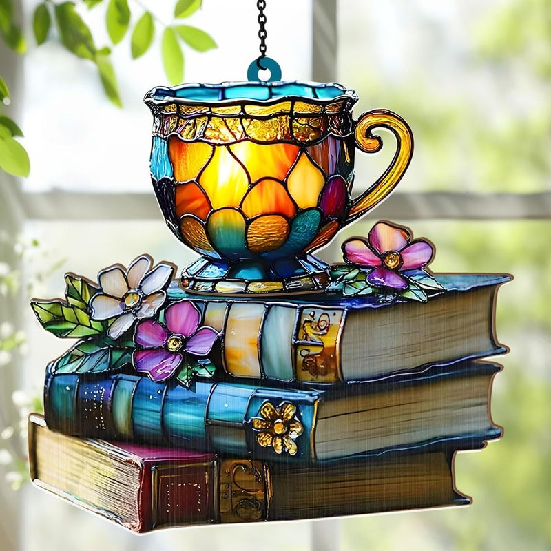 Jesuspirit - Window Hanging Suncatcher – Crystal Clear Acrylic & Wood Sun Catcher for Home Decor, for Women (Floral Book and Tea, 8 Inches) - Image 5