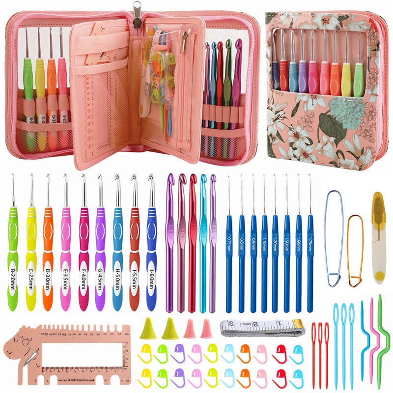 Dasonwin 60-Piece Ergonomic Crochet Hooks Set with Travel Case - Aluminum Crochet Needles Kit for Beginners & Experts, Arthritis-Friendly Design, Includes Stitch Markers & Accessories (Pink) - Image 1
