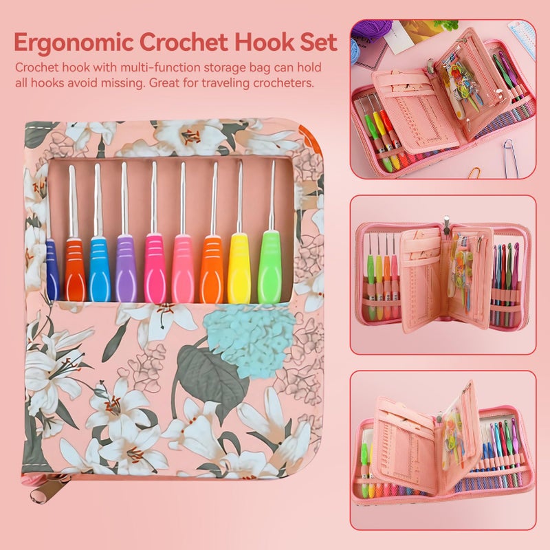 Dasonwin 60-Piece Ergonomic Crochet Hooks Set with Travel Case - Aluminum Crochet Needles Kit for Beginners & Experts, Arthritis-Friendly Design, Includes Stitch Markers & Accessories (Pink) - Image 2