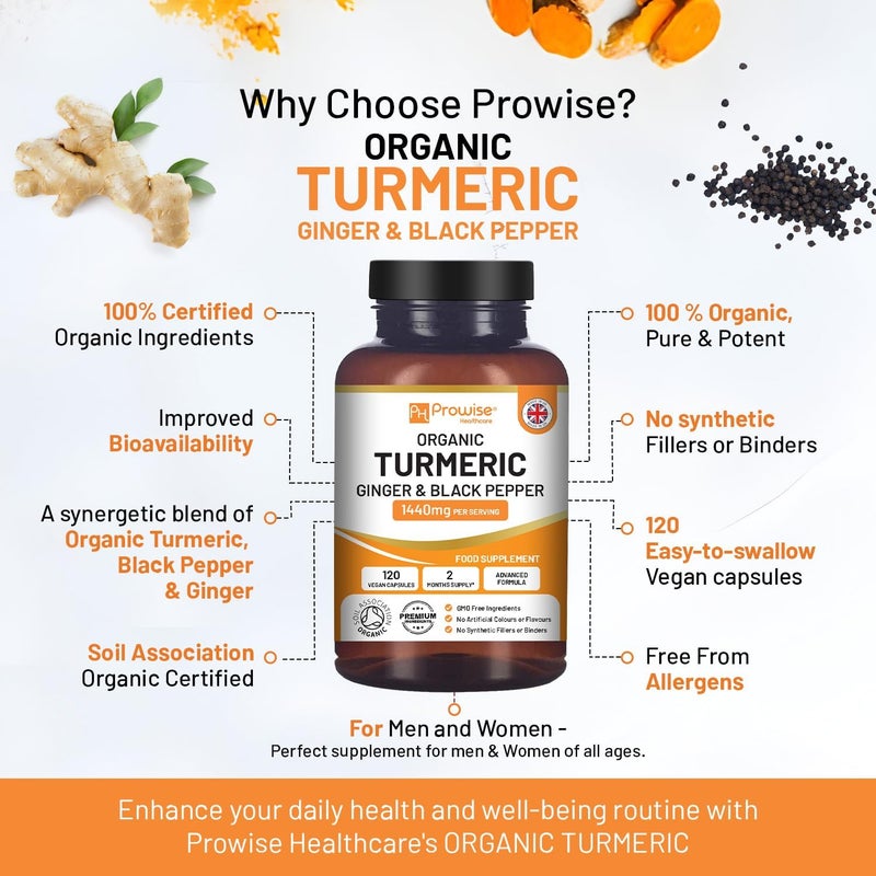 ph_prowise_healthcare Organic Turmeric Capsules High Strength 1440mg 120 Capsules with Black Pepper Ginger Active Ingredient Curcumin 2 Month Supply Made in UK by Prowise Healthcare - Image 5