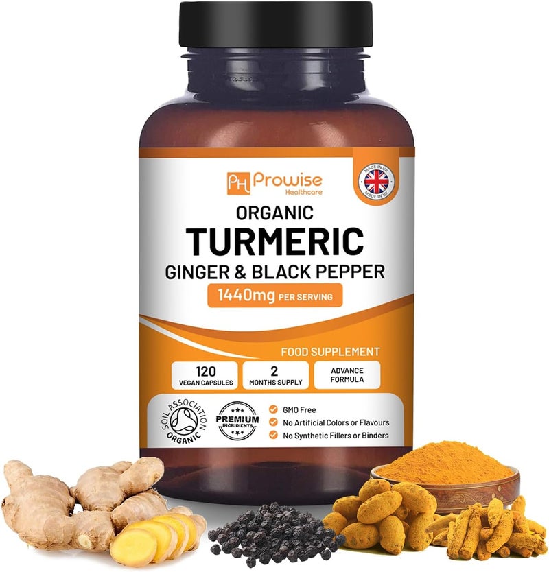 ph_prowise_healthcare Organic Turmeric Capsules High Strength 1440mg 120 Capsules with Black Pepper Ginger Active Ingredient Curcumin 2 Month Supply Made in UK by Prowise Healthcare - Image 1