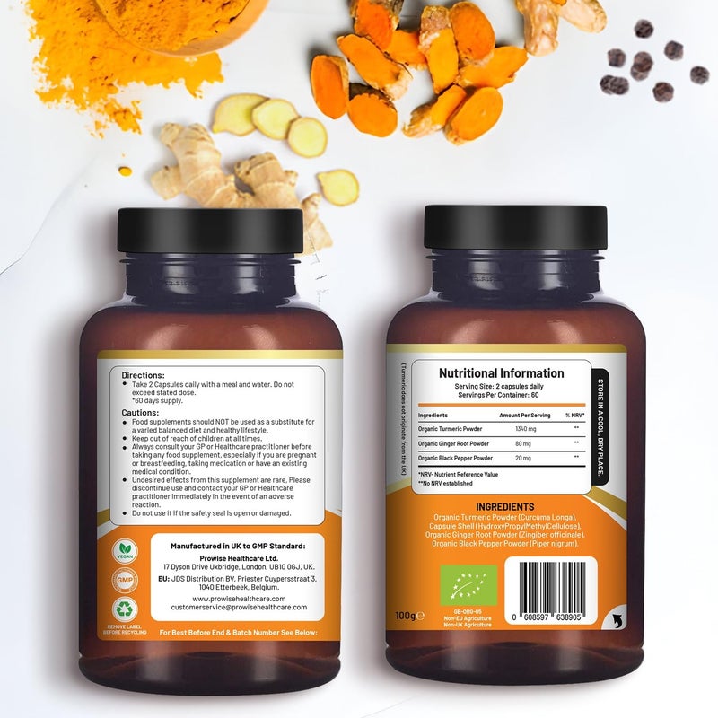 ph_prowise_healthcare Organic Turmeric Capsules High Strength 1440mg 120 Capsules with Black Pepper Ginger Active Ingredient Curcumin 2 Month Supply Made in UK by Prowise Healthcare - Image 2