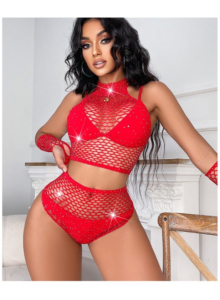 One Size Rhinestone Fishnet 4-Piece Set, Sheer Mesh Crop Top, Shorts & Arm Sleeves for Women - Image 4