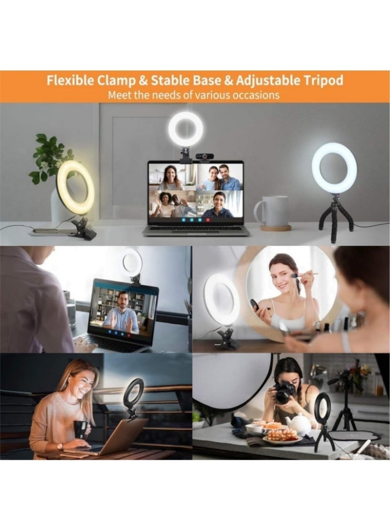 إثارة حلقة إضاءة LED للتصوير الفوتوغرافي مقاس 6 بوصات مع مشبك وحامل ثلاثي مرن، 3200-6500 كلفن، مع 5 درجات حرارة لونية و5 مستويات سطوع، 64 مصباح LED بقوة 10 وات، تعمل عبر USB، للمكالمات والعمل عن بُعد والبث المباشر وتسجيل الفيديو والمكياج ويوتيوب وتيك توك، لون أسود - Image 5