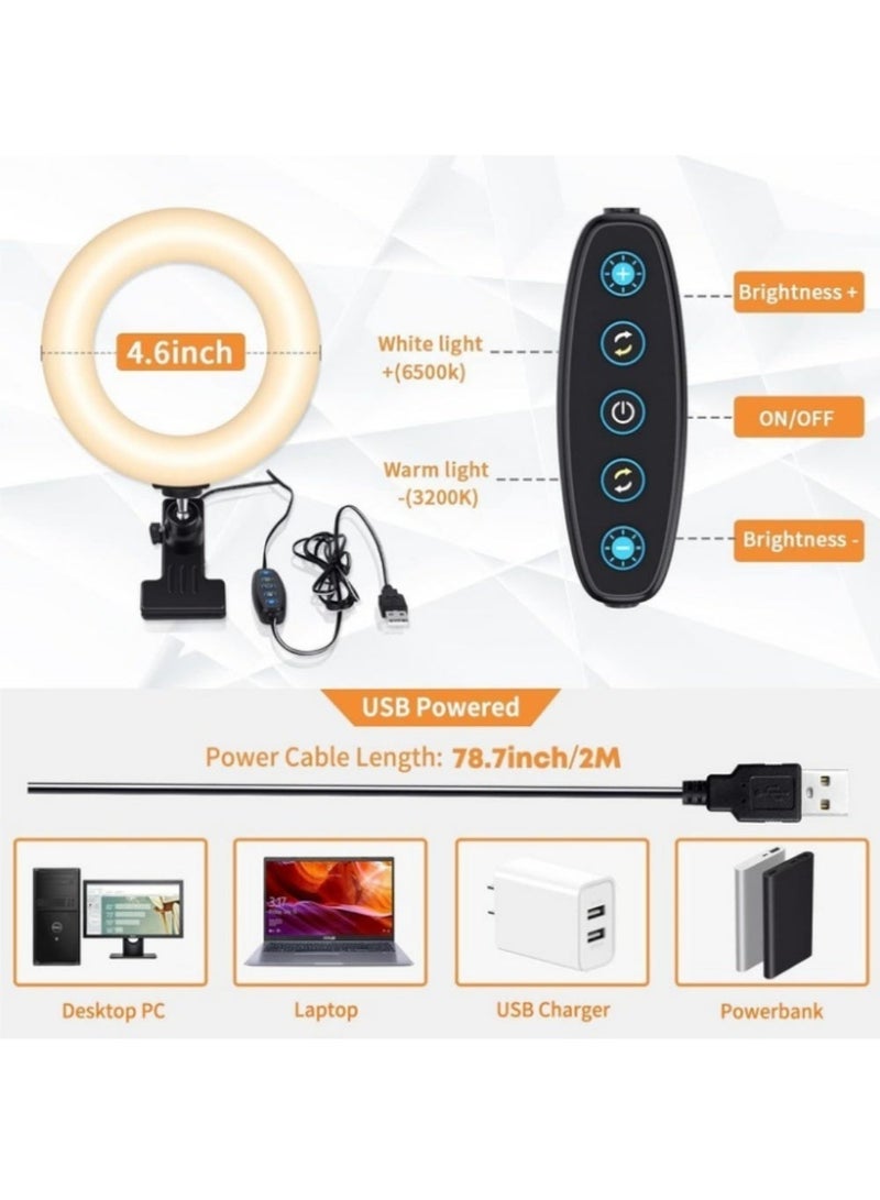 إثارة حلقة إضاءة LED للتصوير الفوتوغرافي مقاس 6 بوصات مع مشبك وحامل ثلاثي مرن، 3200-6500 كلفن، مع 5 درجات حرارة لونية و5 مستويات سطوع، 64 مصباح LED بقوة 10 وات، تعمل عبر USB، للمكالمات والعمل عن بُعد والبث المباشر وتسجيل الفيديو والمكياج ويوتيوب وتيك توك، لون أسود - Image 3