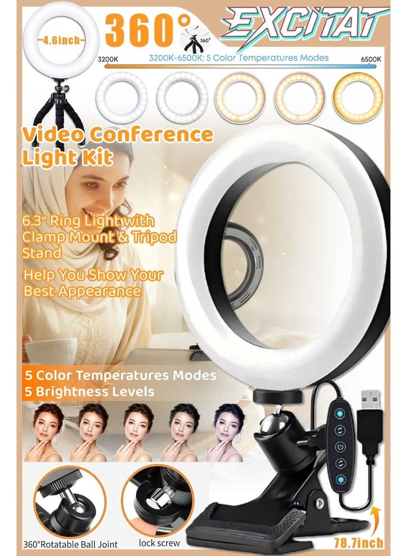 إثارة حلقة إضاءة LED للتصوير الفوتوغرافي مقاس 6 بوصات مع مشبك وحامل ثلاثي مرن، 3200-6500 كلفن، مع 5 درجات حرارة لونية و5 مستويات سطوع، 64 مصباح LED بقوة 10 وات، تعمل عبر USB، للمكالمات والعمل عن بُعد والبث المباشر وتسجيل الفيديو والمكياج ويوتيوب وتيك توك، لون أسود - Image 1