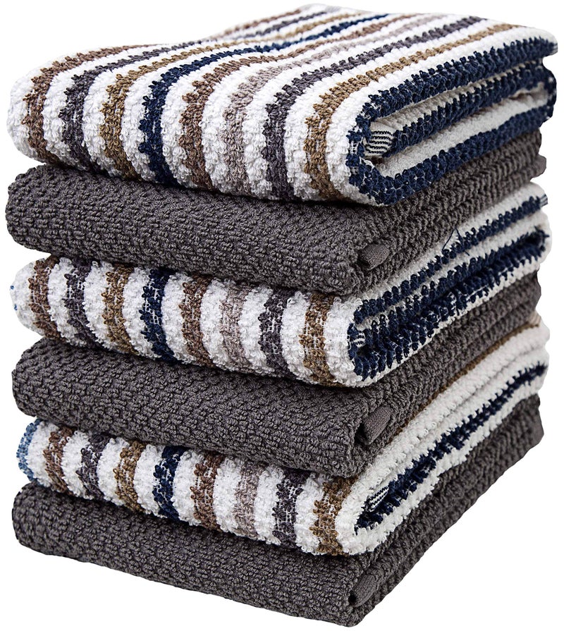 Premium Kitchen Towels 16x 26 6 Pack  Large Cotton Kitchen Hand Towels  Popcorn Striped Design  Dish Towels  430 GSM Highly Absorbent Tea Towels Set with Hanging Loop  Gray