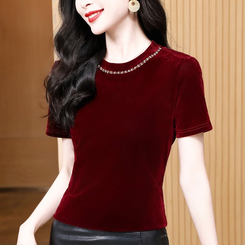 Real S Of The New Style, Versatile And Elegant Round Neck Beaded Short-Sleeved Velvet Inner And Outer T-Shirt - Image 2