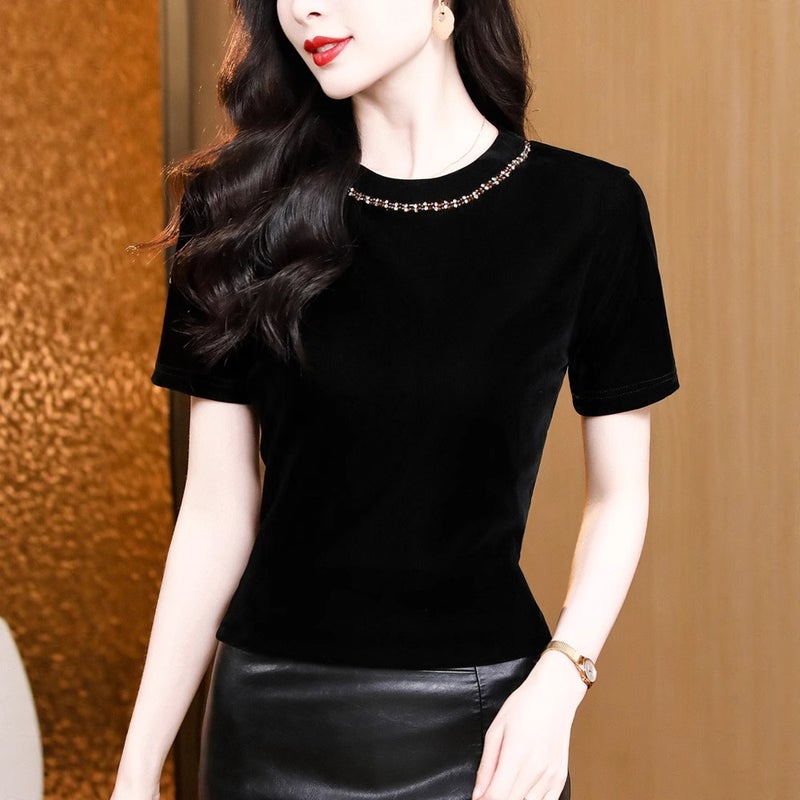 Real S Of The New Style, Versatile And Elegant Round Neck Beaded Short-Sleeved Velvet Inner And Outer T-Shirt - Image 4