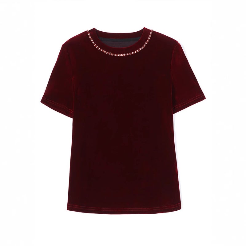 Real S Of The New Style, Versatile And Elegant Round Neck Beaded Short-Sleeved Velvet Inner And Outer T-Shirt - Image 5