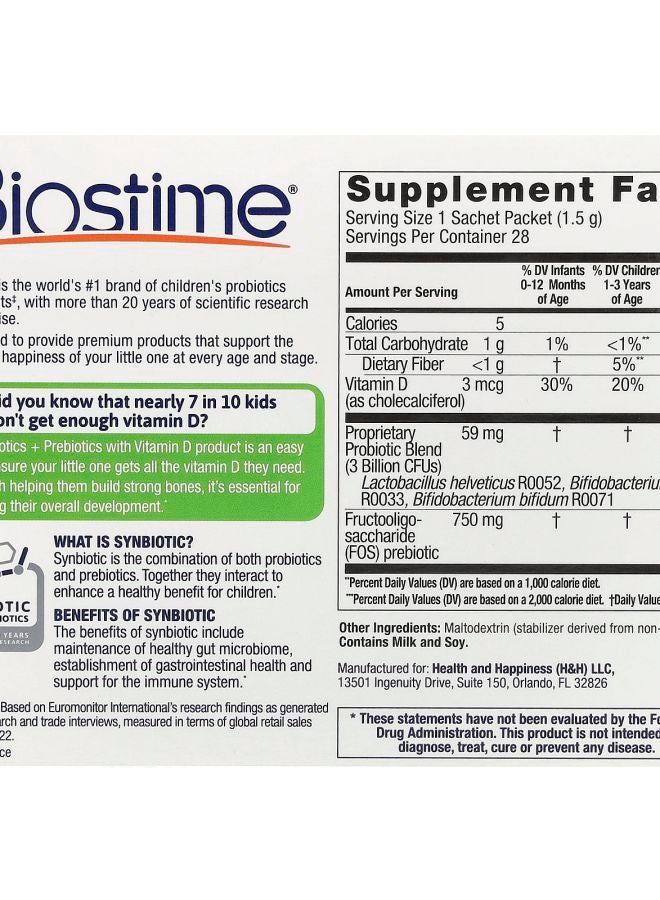 Biostime Baby & Kids Daily Probiotics + Prebiotics Newborn to 6 Years Flavorless 28 Sachet Packets 0.05 oz (1.5 g) Each - Image 2