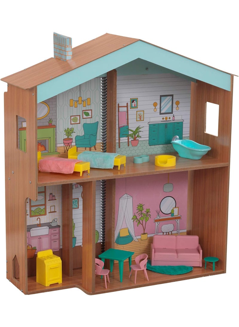 KidKraft KidKraft Designed by Me Color Decor Wooden Dollhouse with Removable Coloring Book 5 Markers and 15 Accessories Gift for Ages 3  - Image 1