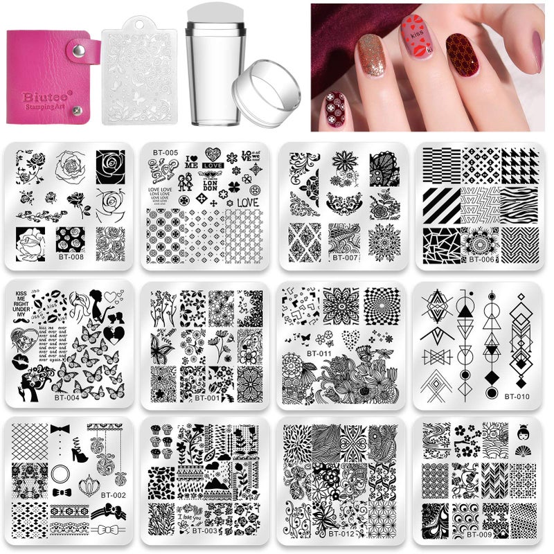 Biutee Nail Stamper Kit Nail Art Stamping Plate Set Stamping Nail Polish Gel Stamp Plate Jelly Silicone Stamper Scraper Flower Lace Line kiss Stencil Template Tool Supplies for Holiday (Storage Bag) - Image 3