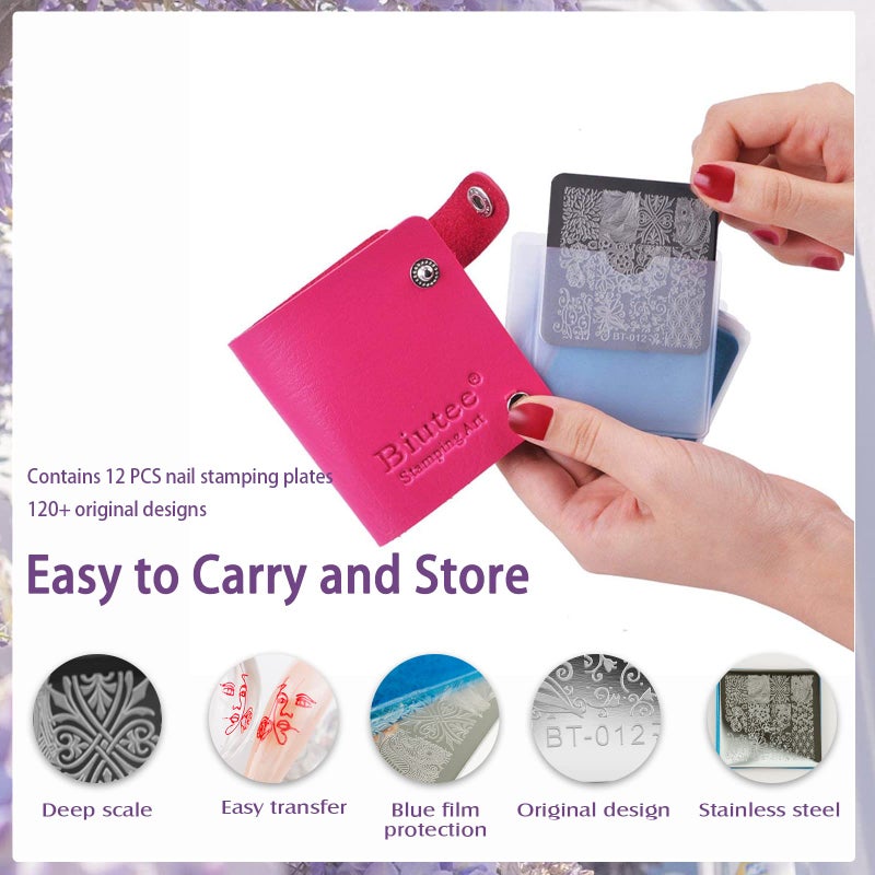 Biutee Nail Stamper Kit Nail Art Stamping Plate Set Stamping Nail Polish Gel Stamp Plate Jelly Silicone Stamper Scraper Flower Lace Line kiss Stencil Template Tool Supplies for Holiday (Storage Bag) - Image 5