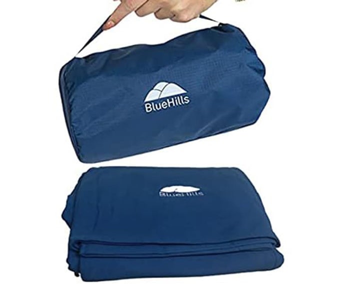 ULTRA COMPACT TRAVEL BLANKET PILLOW IN PORTABLE BAG CASE WITH HAND LUGGAGE BELT BACKPACK CLIP PREMIUM COZY SOFT COMPACT PACK LARGE BLANKET FOR AIRPLANE FLIGHT LAYOVER NAVY BLUE C001