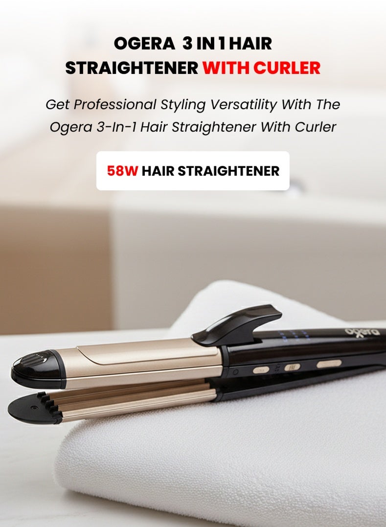 Ogera 3-in-1 Hair Straightener with Curler – Professional Styling Tool with 3 Temperature Levels, PTC Fast Heating, Ceramic-Coated Plates, Smooth & Shiny Results for All Hair Types – Model OG2300HST, Black & Rose Gold - Image 1