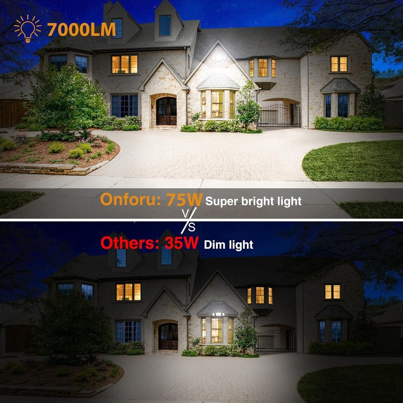 Onforu 75W Flood Lights Outdoor, 7000LM Brightness Security Lights Switch Controlled, 3 Adjustable Heads, IP65 Waterproof, 6500K Wall Mount Exterior LED Flood Light - Image 4
