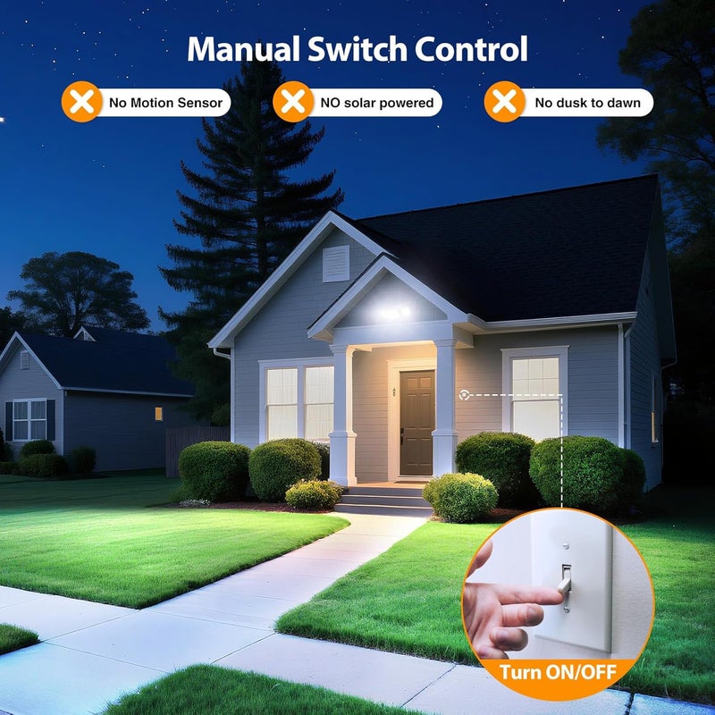 Onforu 75W Flood Lights Outdoor, 7000LM Brightness Security Lights Switch Controlled, 3 Adjustable Heads, IP65 Waterproof, 6500K Wall Mount Exterior LED Flood Light - Image 5