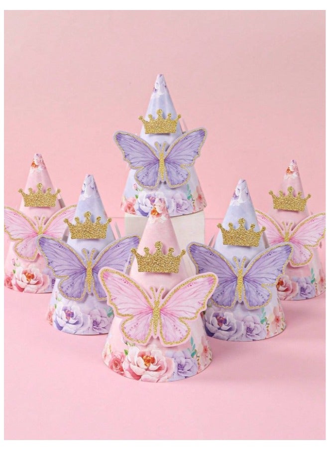 Assorted paper birthday hats for children in the shape of colorful butterflies, a golden crown, and printed with colorful flowers, 6 pieces  - Image 1