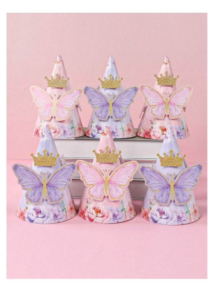 Assorted paper birthday hats for children in the shape of colorful butterflies, a golden crown, and printed with colorful flowers, 6 pieces  - Image 2