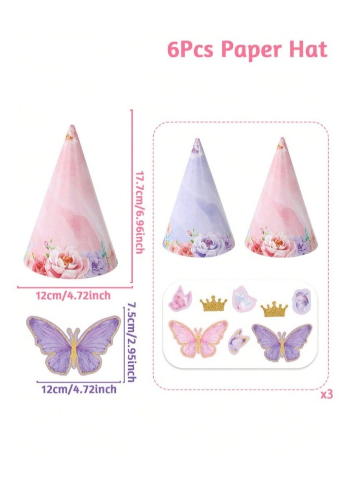Assorted paper birthday hats for children in the shape of colorful butterflies, a golden crown, and printed with colorful flowers, 6 pieces  - Image 3