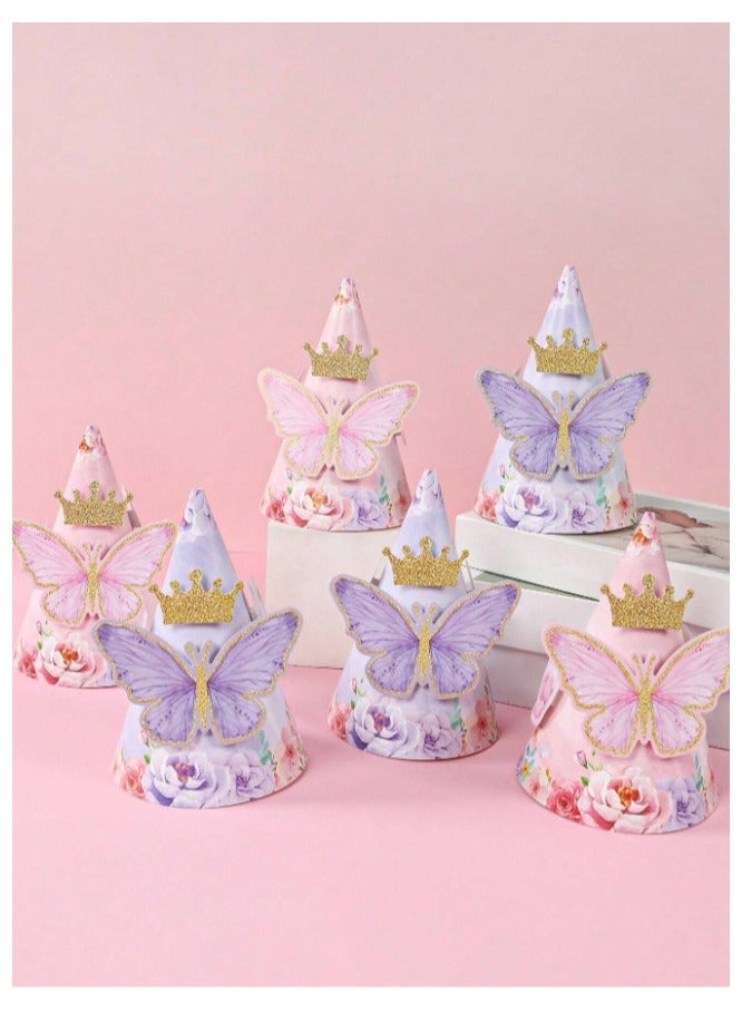 Assorted paper birthday hats for children in the shape of colorful butterflies, a golden crown, and printed with colorful flowers, 6 pieces  - Image 4