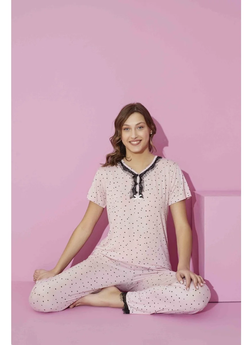 Bie'S Women's Pink Black Polka Dot Pattern Lace Detail V-Neck Viscose Short Sleeve Pocket Pajama Set