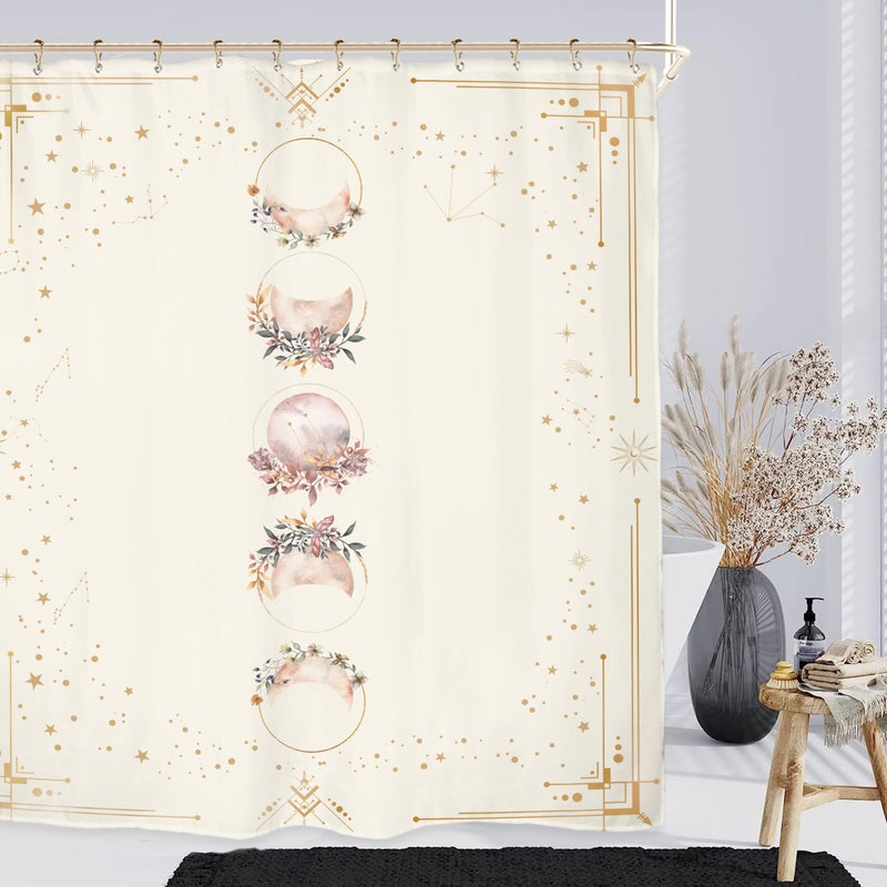 Miyotaa Moon Phase Celestial Moonlit Gothic Shower Curtain Set 60Wx71H Inches Zodiac Constellation Astrology Tarot Witch Floral Polyester Waterproof Cloth Bathroom Curtain with 12 Hooks - Image 2