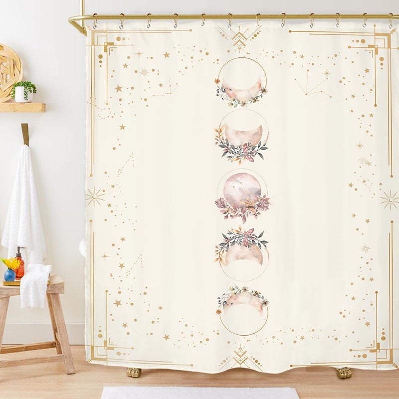 Miyotaa Moon Phase Celestial Moonlit Gothic Shower Curtain Set 60Wx71H Inches Zodiac Constellation Astrology Tarot Witch Floral Polyester Waterproof Cloth Bathroom Curtain with 12 Hooks - Image 1