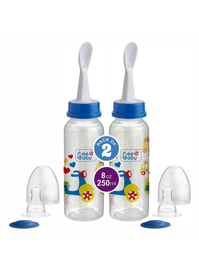 Beebaby 2 In 1 Gentle Slim Neck Baby Feeding Bottle With Anti - Colic Gentle Touch Silicone Nipple And Feeder Spoon (Plastic) For New Born / Infant / Toddler / Babies, 100% Bpa Free, 8 Months + (250 Ml / 8 Oz.) (Blue) (Pack Of 2) - Image 1