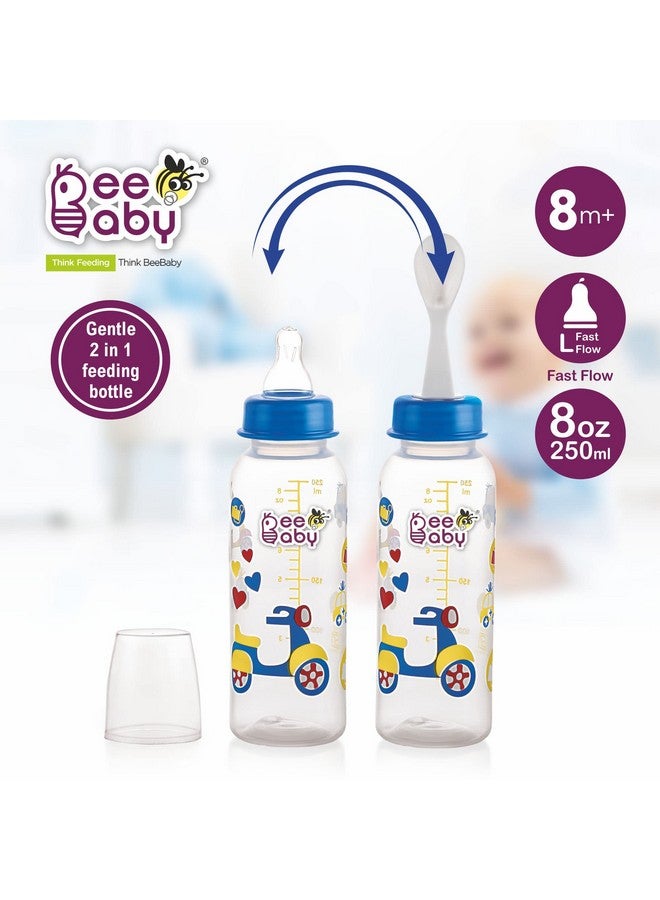 Beebaby 2 In 1 Gentle Slim Neck Baby Feeding Bottle With Anti - Colic Gentle Touch Silicone Nipple And Feeder Spoon (Plastic) For New Born / Infant / Toddler / Babies, 100% Bpa Free, 8 Months + (250 Ml / 8 Oz.) (Blue) (Pack Of 2) - Image 2