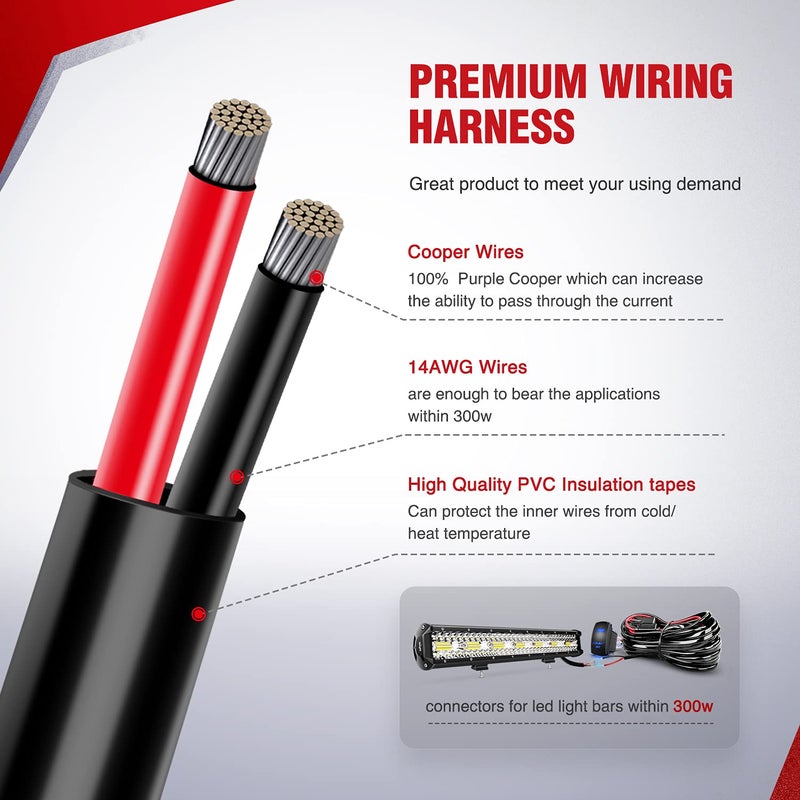 Nilight 10014W LED Light Bar Wiring Harness Kit 14AWG Heavy Duty 12V 5Pin Rocker Laser On Off Waterproof Switch Power Relay Blade Fuse-1 Lead, 2 Years Warranty - Image 5