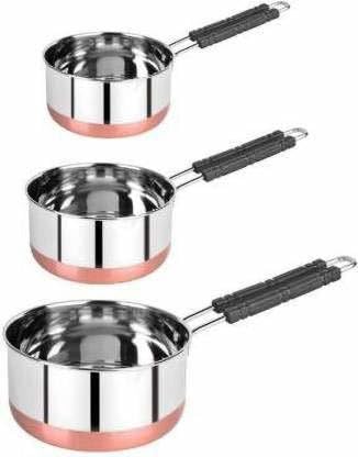 Nirvika Stainless Steel Sauce Pan Set of 3 Sauce Pan Milk Pan Tapeli Patila 2 Litre,1.5 Litre, 1 Litre Milk Boiler Cookware with Handle - Image 1