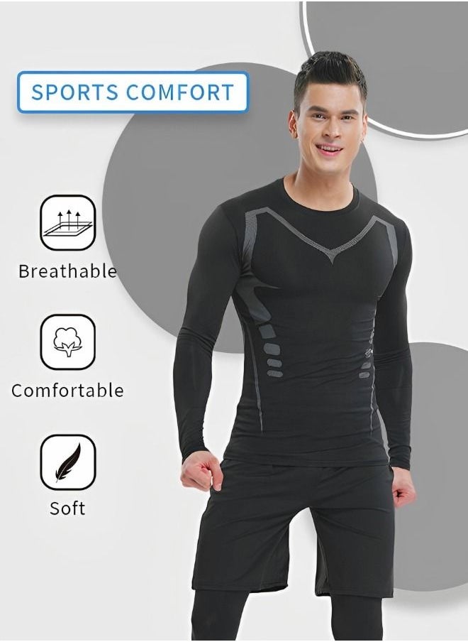 GROIC - Men Workout Compression Set, Shirt Pants Top Long Sleeve 3 Pieces Sports Suits Tight Base Layer Quick Dry Fitness Tracksuit Gym Suits - Image 1