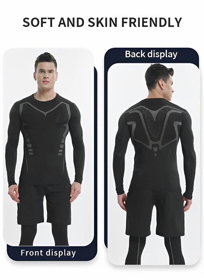 GROIC - Men Workout Compression Set, Shirt Pants Top Long Sleeve 3 Pieces Sports Suits Tight Base Layer Quick Dry Fitness Tracksuit Gym Suits - Image 1