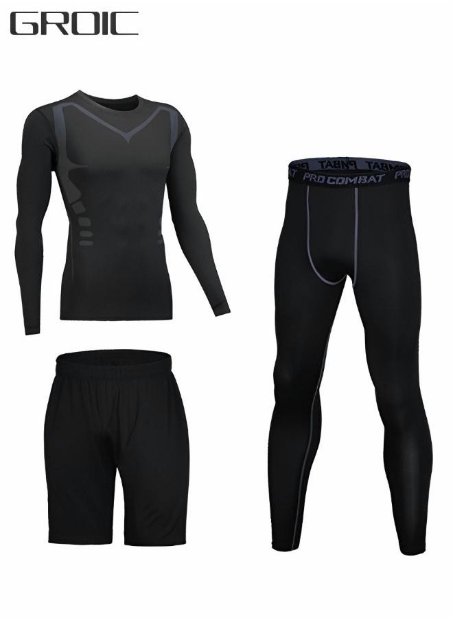 GROIC - Men Workout Compression Set, Shirt Pants Top Long Sleeve 3 Pieces Sports Suits Tight Base Layer Quick Dry Fitness Tracksuit Gym Suits - Image 1