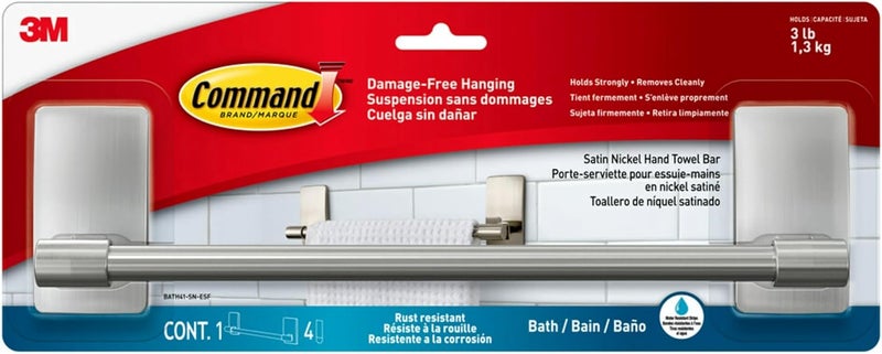 كوماند قضيب مناشف Command من 3M بطول 9 بوصات، تصميم أنيق، سهل التركيب والإزالة، (BATH41-SN-ES)، نيكل ساتان - Image 1