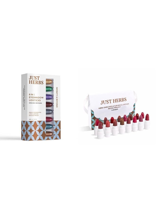 جاست هيربز مجموعة "Just Herbs" المكونة من: أقلام ظلال عيون عشبية بلمسة معدنية (8 في 1) - درجة "Infinity & Beyond" (12 جم) + طقم أحمر شفاه كريمي بلمسة مطفية (مات) بتركيبة أيورفيدية (16 درجة لونية). - Image 1